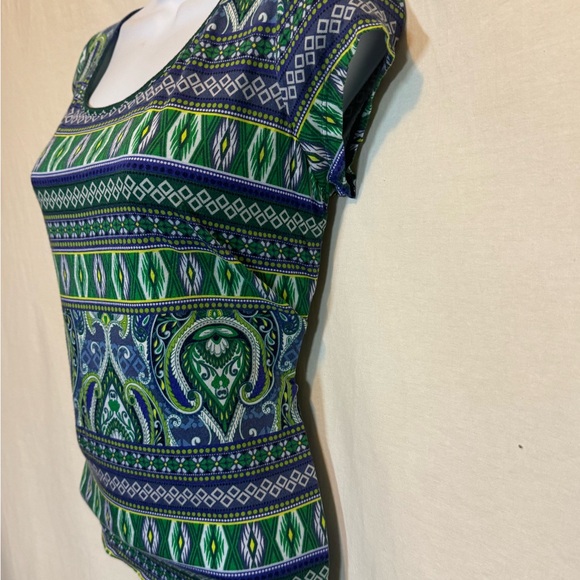 G-99 Liz Claiborne Blue Green &‎ White Short Sleeve Pullover Blouse Size MP - Picture 7 of 14